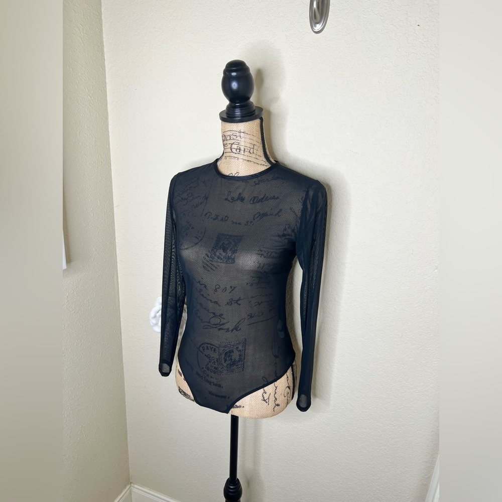 NTM: Auden Black Sheer Long Sleeve Thong Back Pullover Style Bodysuit Sz Medium - Picture 5 of 16